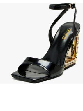XYD Black Unique Triangle Jewelled High Heel Square Open Toe Ankle Strap Sandals